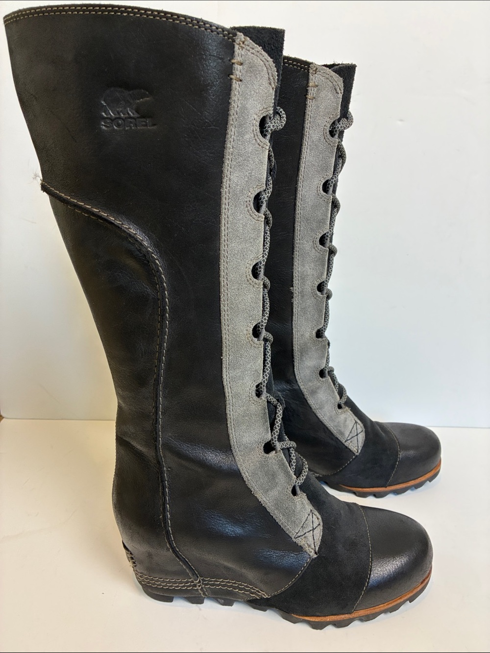 Sorel Cate the Great Wedge Lace Up Moto Rare Black Grey Gray Knee High Boots 9 - Picture 4 of 16